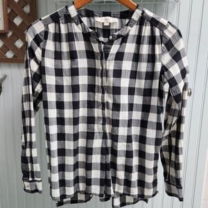Loft Black and White Checkered Mandarin Collar Long Sleeve Blouse